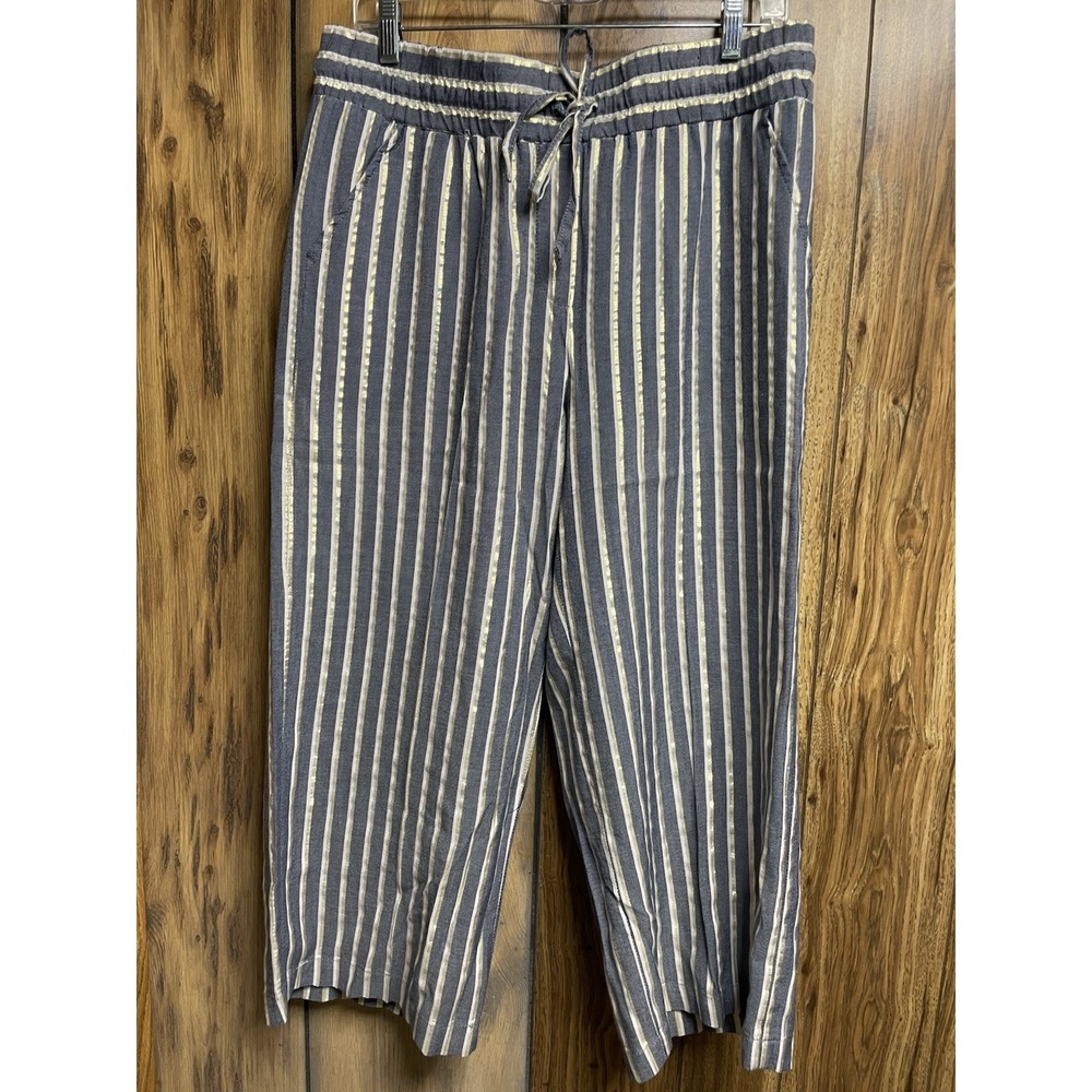New Directions Women's Pants Striped Cropped Capri Medium Blue Gold White Lined